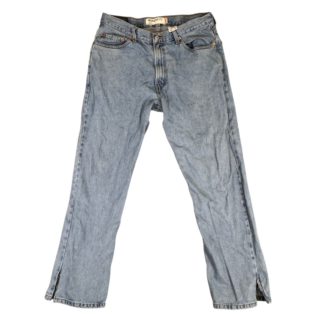 Levis 505 Regular Fit Jeans Mens 36x30 Light Wash Straight Leg Denim Slit Hem